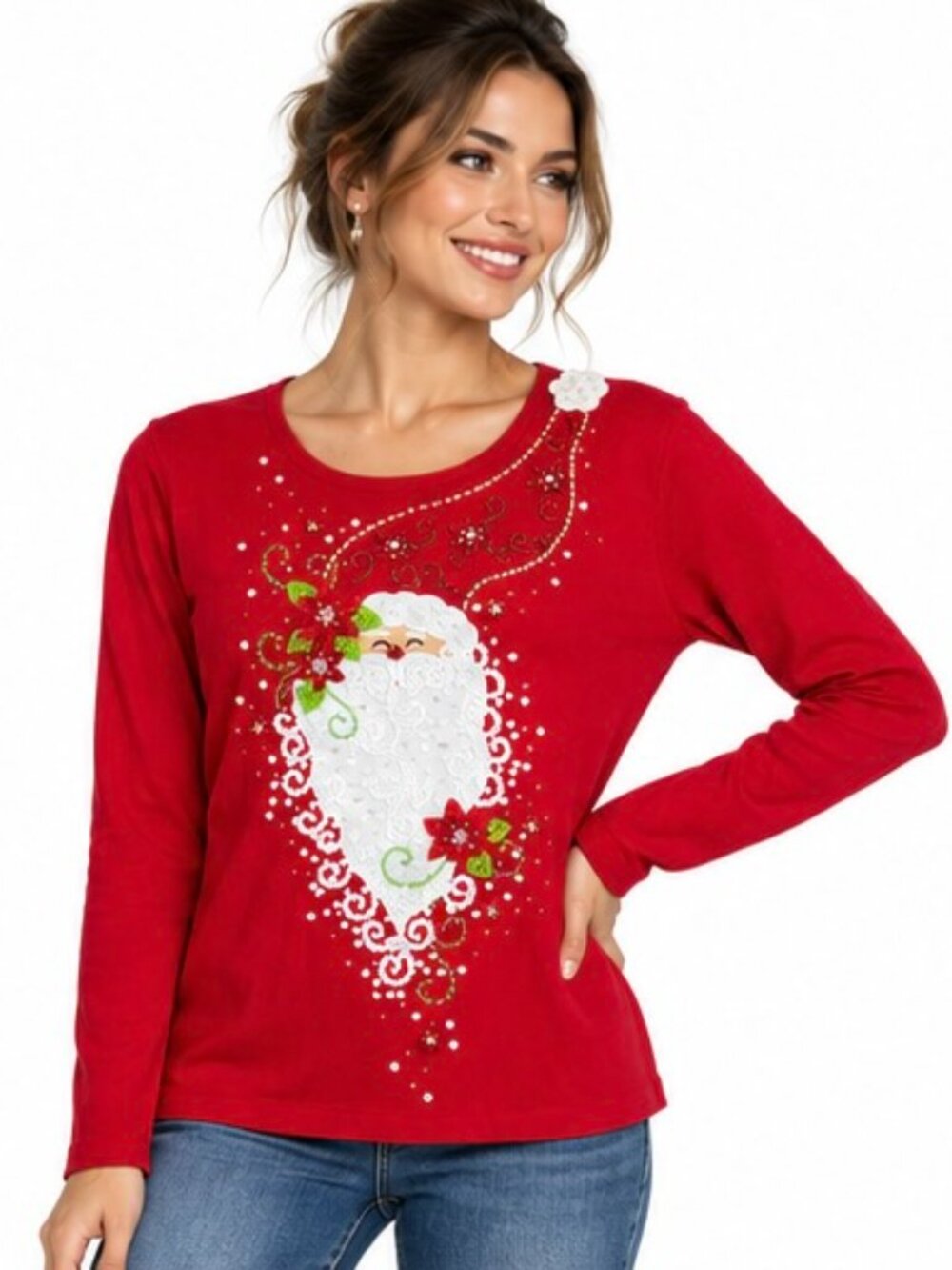 Draper's & Damon's Women's M Red Christmas Top Santa Beaded Sequin Holiday